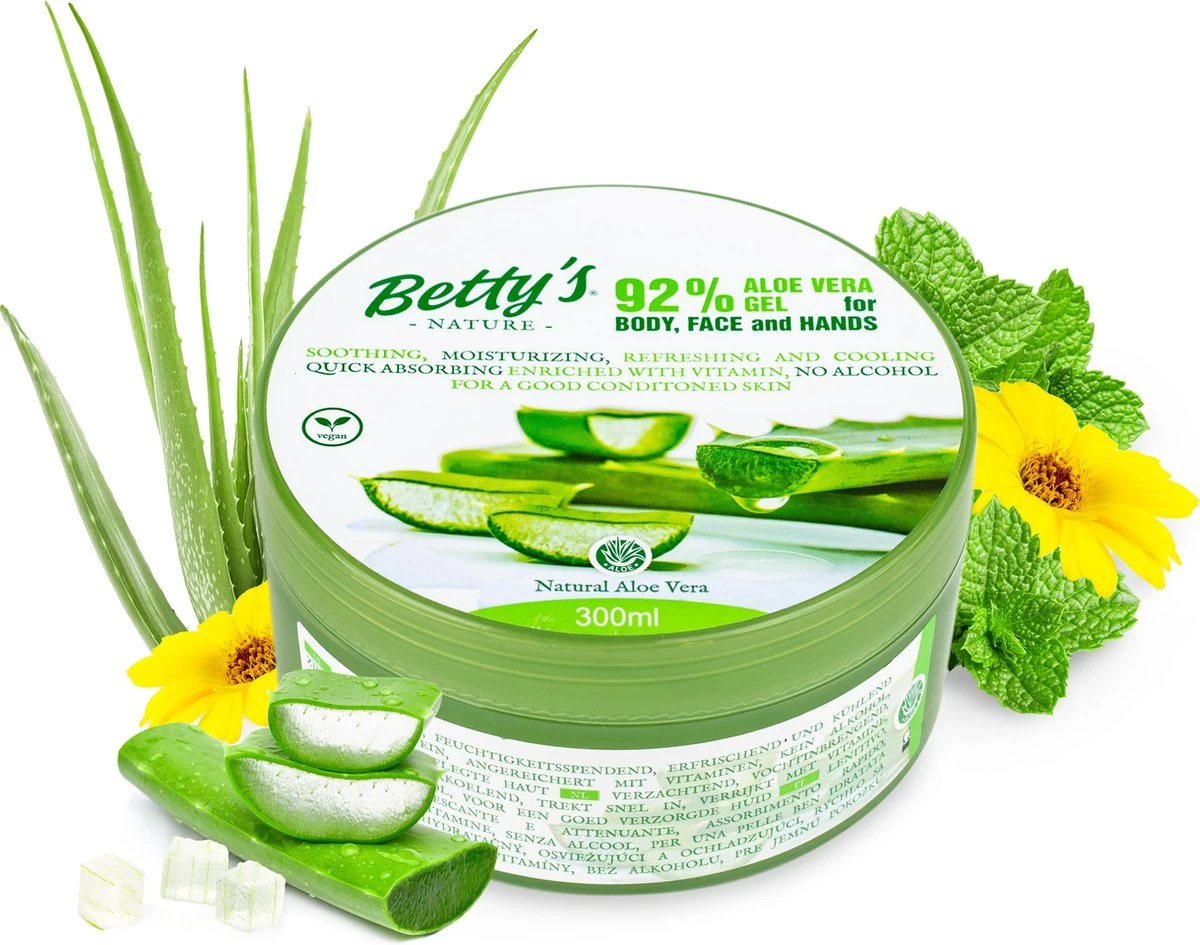 Betty's Nature Aloe Vera Gel 92% - 300ml - Verzorgende Hydraterende Gel - Voor Het Hele Lichaam En Haar 1 Betty's Nature Aloe Vera Gel 92% - 300ml - Verzorgende Hydraterende Gel - Voor Het Hele Lichaam En Haar