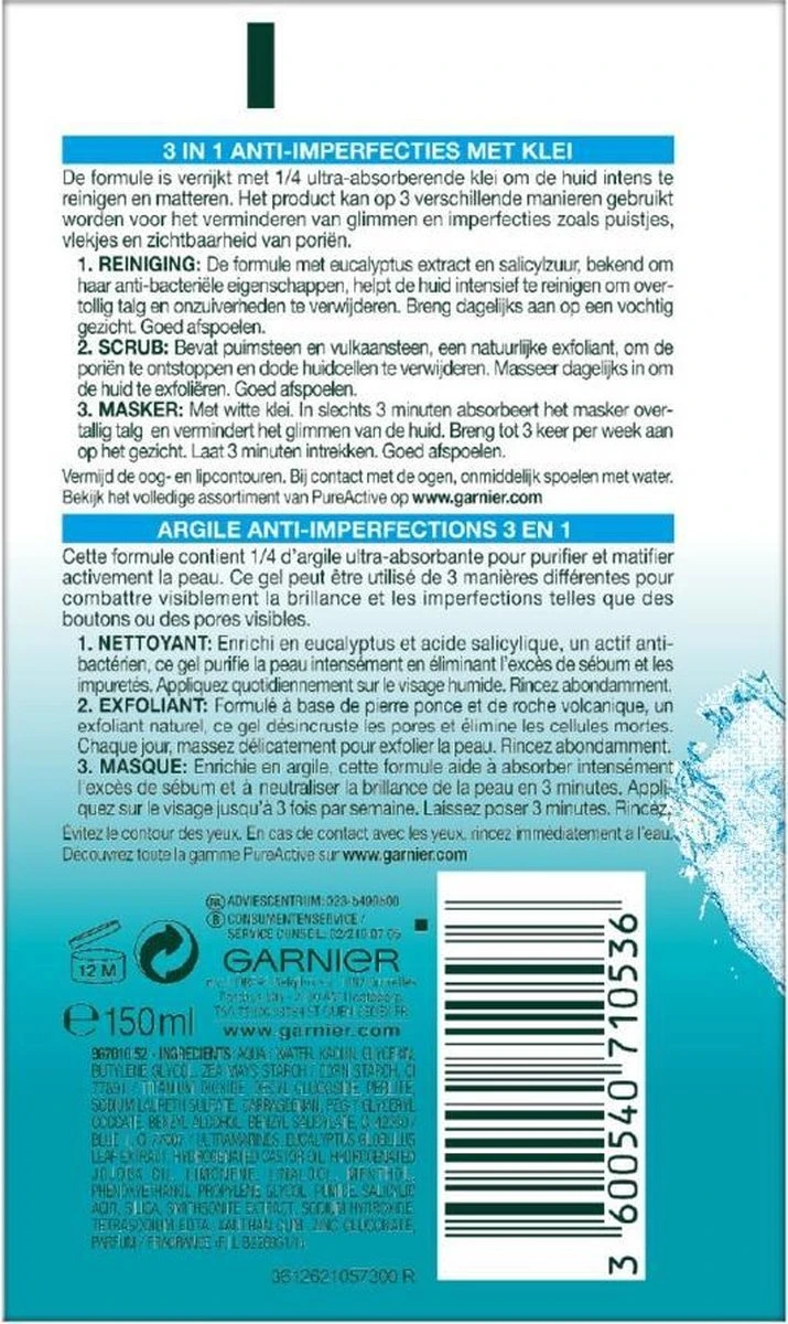 Garnier - PureActive 3-in-1 Masker Met Klei Argile Voor De Gemengde Huid Met Onzuiverheden - 2 X 150ml - Tegen Mee-eters En Onzuiverheden - Voordeelverpakking 2 Garnier - PureActive 3-in-1 Masker Met Klei Argile Voor De Gemengde Huid Met Onzuiverheden - 2 X 150ml - Tegen Mee-eters En Onzuiverheden - Voordeelverpakking - Afbeelding 2