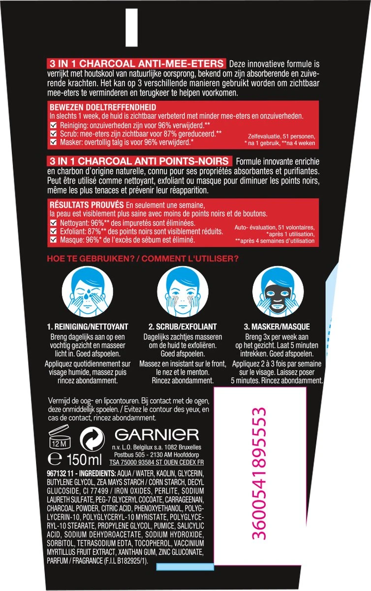 Garnier SkinActive PureActive 3in1 Gezichtsmasker Met Charcoal - 3 X 150 Ml 2 Garnier SkinActive PureActive 3in1 Gezichtsmasker Met Charcoal - 3 X 150 Ml - Afbeelding 2