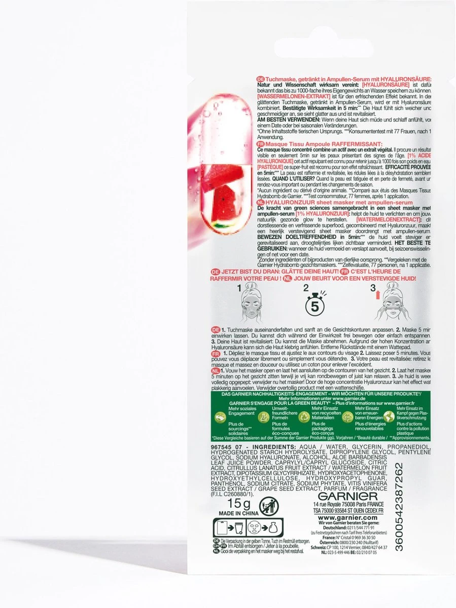 Garnier SkinActive Ampul Sheet Mask Met Watermeloen & Hyaluronzuur Gezichtsmasker - 5 Stuks 9 Garnier SkinActive Ampul Sheet Mask Met Watermeloen & Hyaluronzuur Gezichtsmasker - 5 Stuks - Afbeelding 9